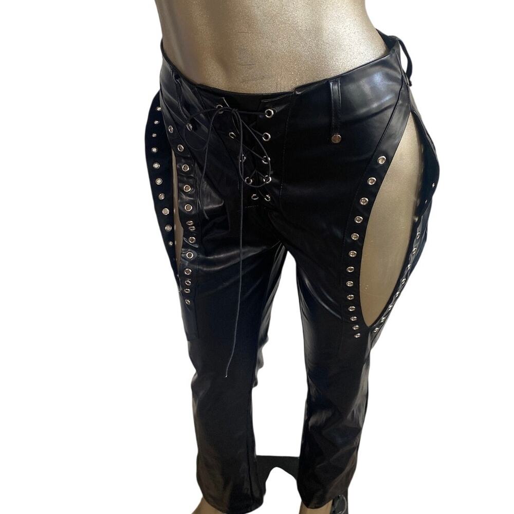 Faux Leather Lace Up Flare Pants S Black Grommet Catwoman Cosplay Goth Festival